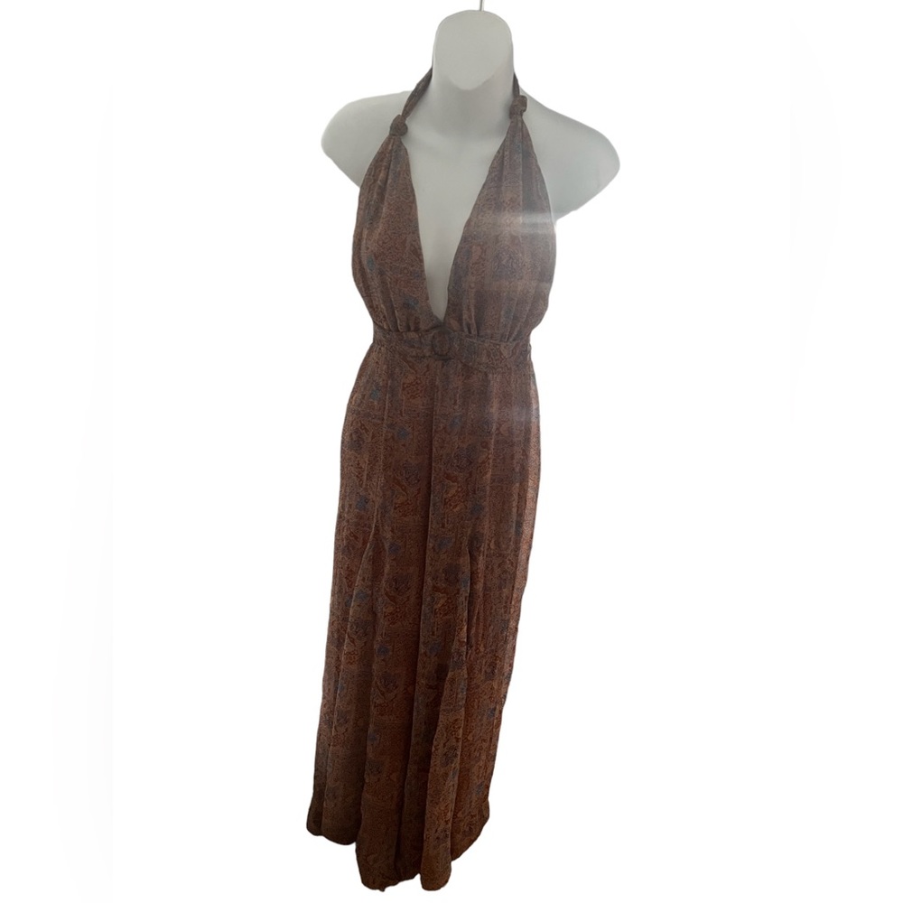Aakaa Brown and Blue abstract print halter jumpsuit S